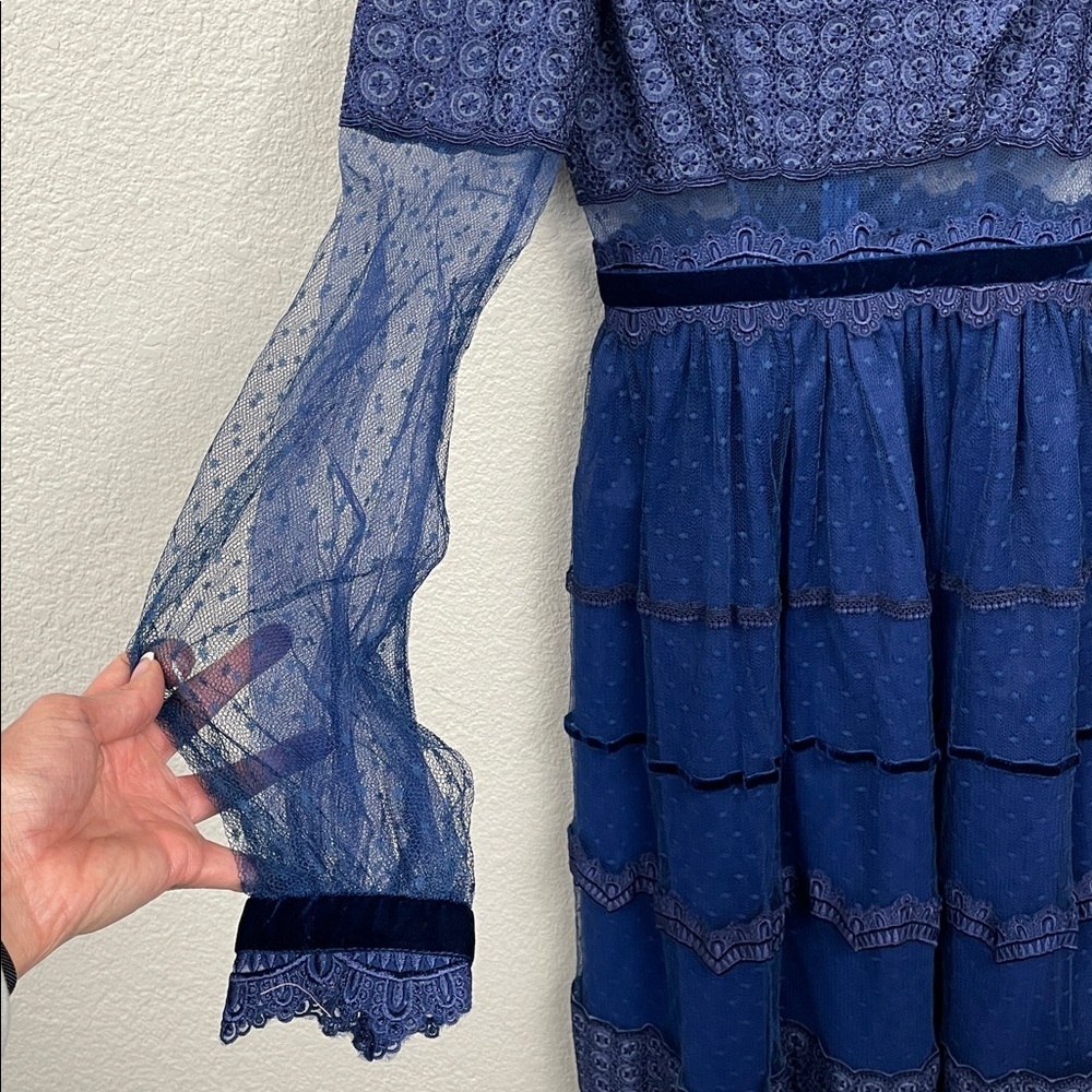 NWT Costarellos Blue Lace Panelled Maxi Dress Prairie Dot Tulle Sz 34 - Picture 5 of 15